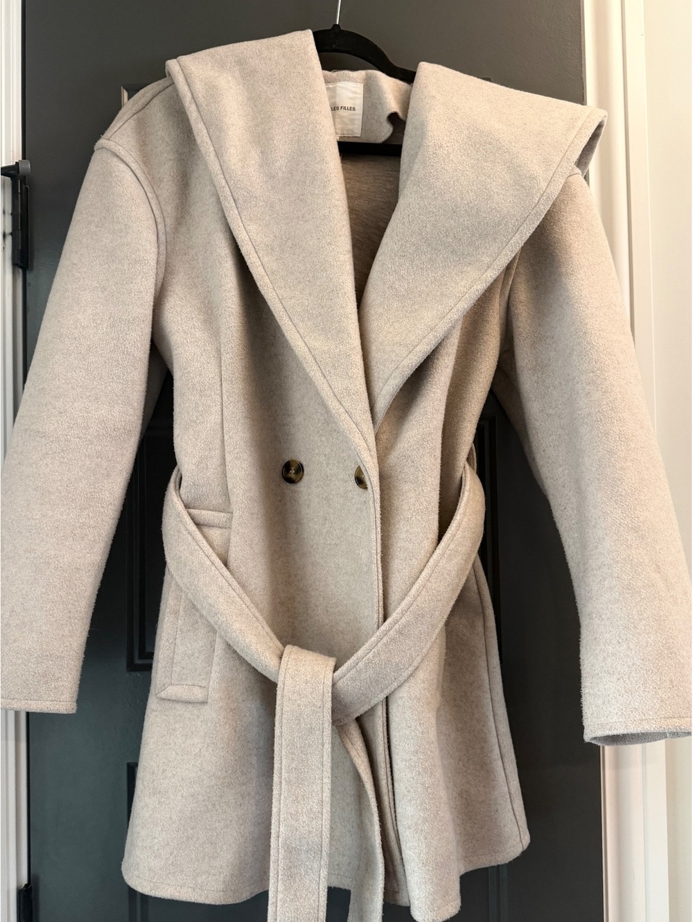 Avec Les Filles Women's Beige Wool Blend Pea Coat with Hood and Belt, Size M